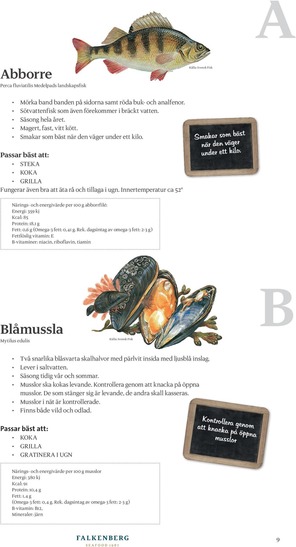 Innertemperatur ca 52 Närings- och energivärde per 100 g abborrfilé: Energi: 359 kj Kcal: 85 Protein: 18,1 g Fett: 0,6 g (Omega-3 fett: 0,41 g. Rek.