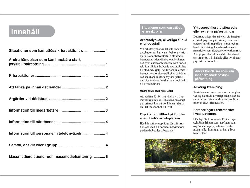 .. 4 Situationer som kan utlösa krisreaktioner Arbetsolyckor, allvarliga tillbud eller dödsfall Vid arbetsolyckor är det inte enbart den drabbade som kan vara i behov av krishjälp.