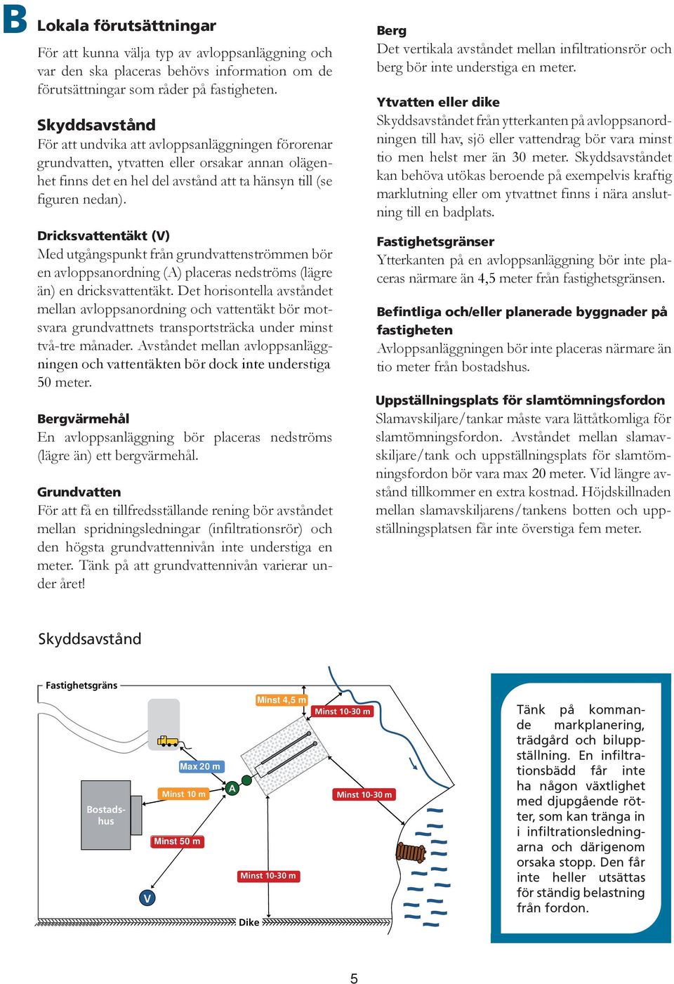 Dricksvattentäkt (V) Med utgångspunkt från grundvattenströmmen bör en avloppsanordning (A) placeras nedströms (lägre än) en dricksvattentäkt.