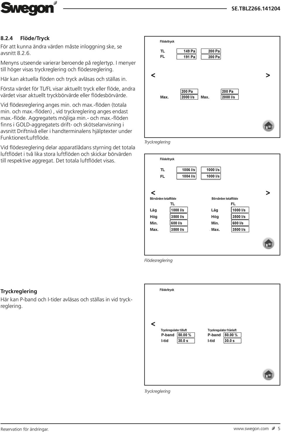 Vid flödesreglering anges min. och max.-flöden (totala min. och max.-flöden), vid tryckreglering anges endast max.-flöde. Aggregatets möjliga min.- och max.