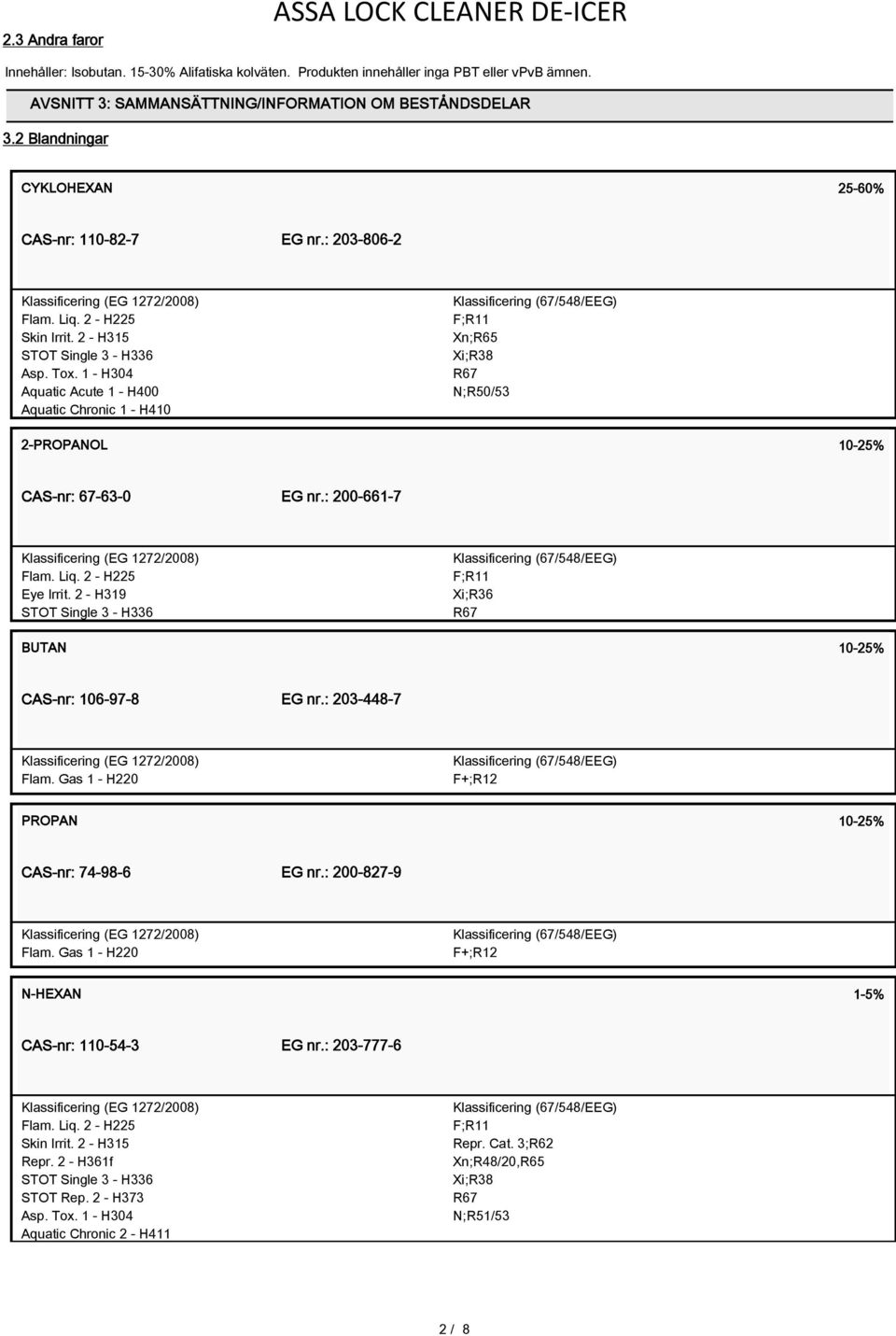 1 - H304 Aquatic Acute 1 - H400 Aquatic Chronic 1 - H410 F;R11 Xn;R65 Xi;R38 N;R50/53 2-PROPANOL 10-25% CAS-nr: 67-63-0 EG nr.: 200-661-7 Flam. Liq. 2 - H225 Eye Irrit.