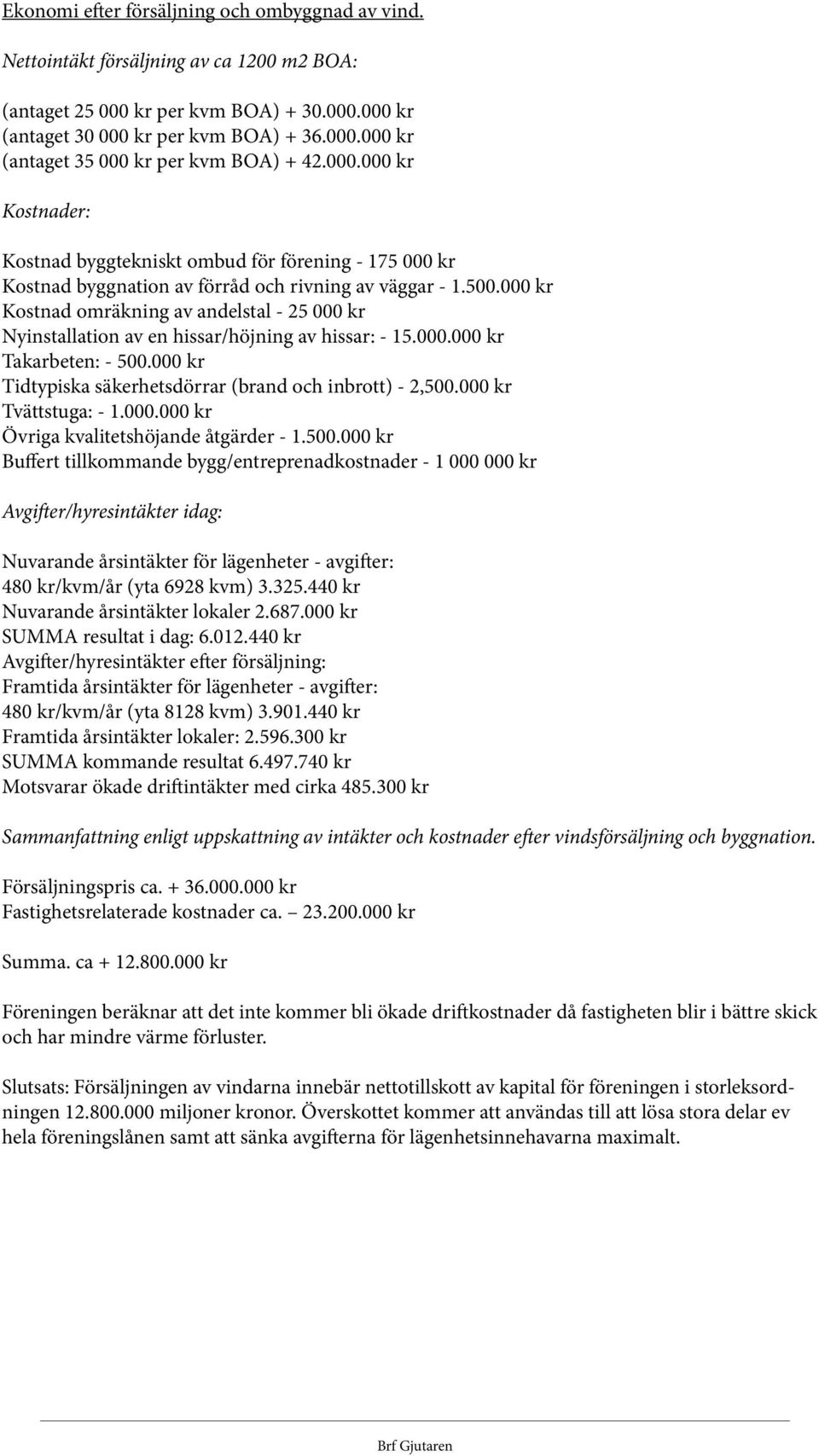 000 kr Kostnad omräkning av andelstal - 25 000 kr Nyinstallation av en hissar/höjning av hissar: - 15.000.000 kr Takarbeten: - 500.000 kr Tidtypiska säkerhetsdörrar (brand och inbrott) - 2,500.