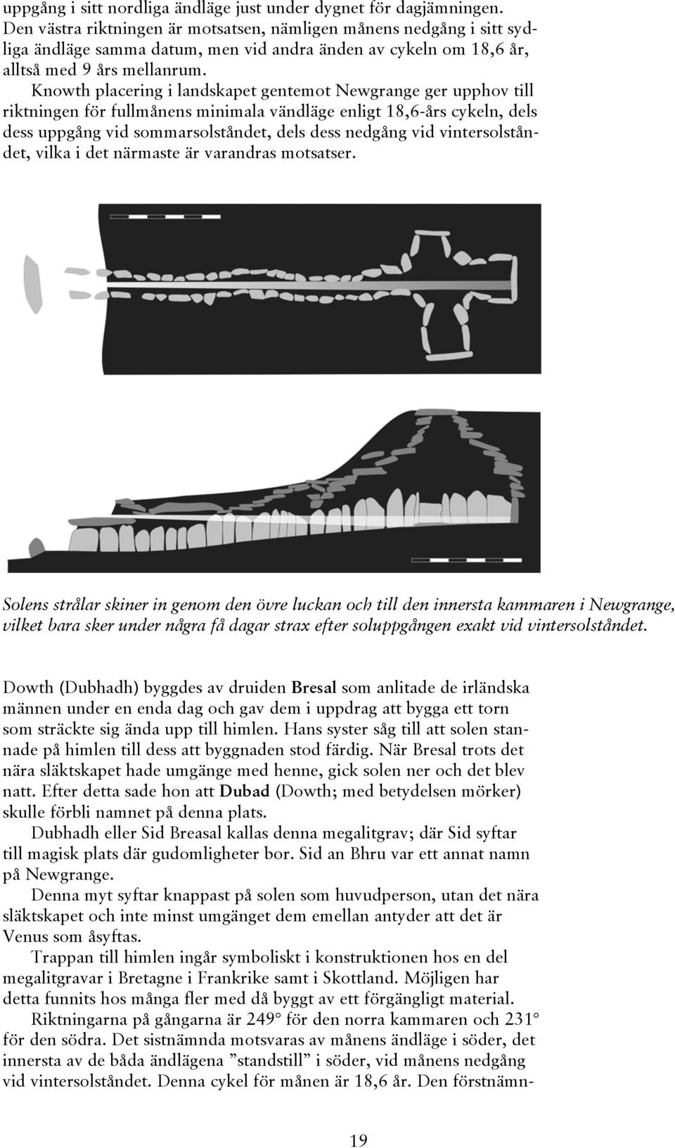 Knowth placering i landskapet gentemot Newgrange ger upphov till riktningen för fullmånens minimala vändläge enligt 18,6-års cykeln, dels dess uppgång vid sommarsolståndet, dels dess nedgång vid