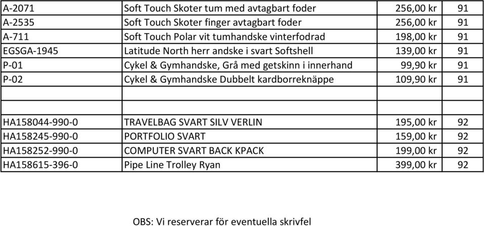 innerhand 99,90 kr 91 P-02 Cykel & Gymhandske Dubbelt kardborreknäppe 109,90 kr 91 HA158044-990-0 TRAVELBAG SVART SILV VERLIN 195,00 kr 92 HA158245-990-0