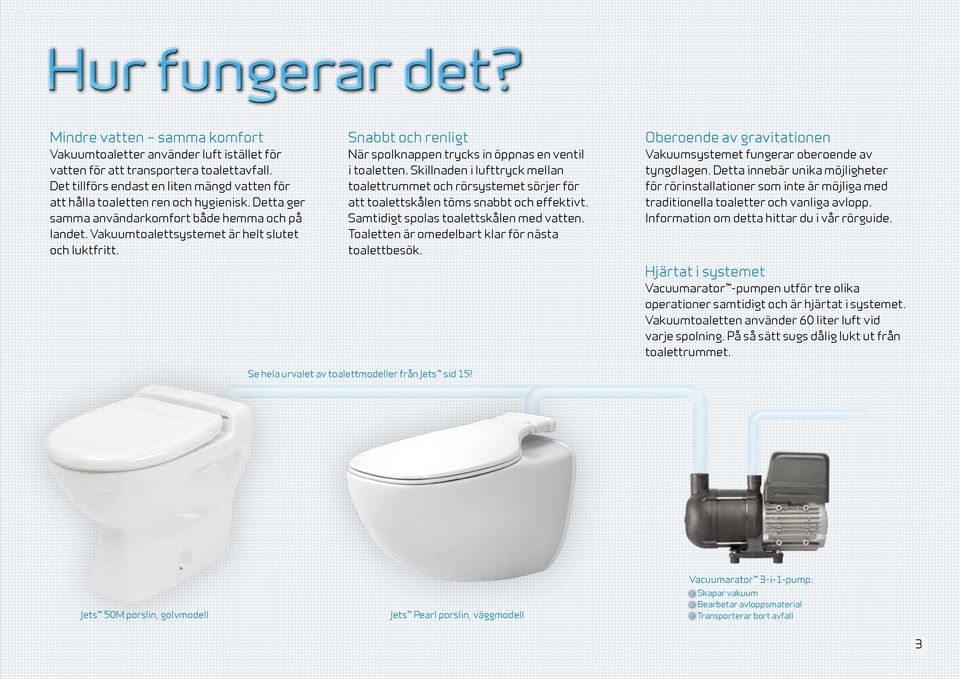 Skillnaden i lufttryck mellan toalettrummet och rörsystemet sörjer för att toalettskålen töms snabbt och effektivt. Samtidigt spolas toalettskålen med vatten.