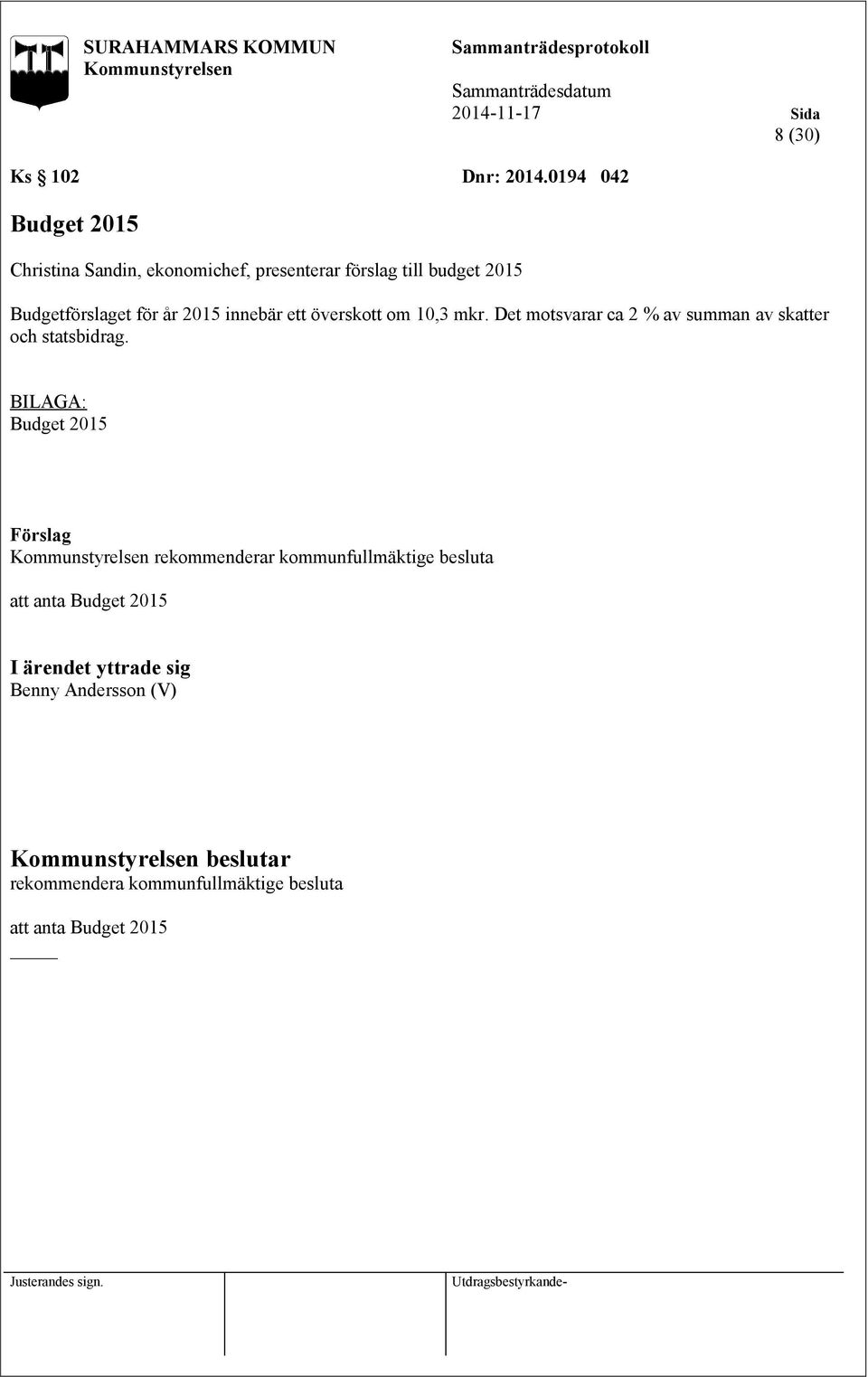 Budgetförslaget för år 2015 innebär ett överskott om 10,3 mkr.