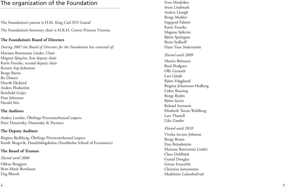 R.H. Crown Princess Victoria The Foundation s Board of Directors During 2007 the Board of Directors for the Foundation has consisted of: Mariana Burenstam Linder, Chair Magnus Sjöqvist, first deputy