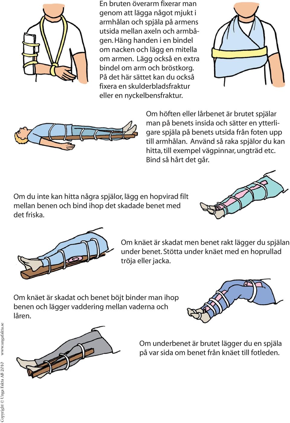 Om höften eller lårbenet är brutet spjälar man på benets insida och sätter en ytterligare spjäla på benets utsida från foten upp till armhålan.