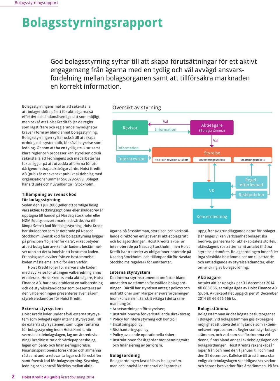 Bolagsstyrningens mål är att säkerställa att bolaget sköts på ett för aktieägarna så effektivt och ändamålsenligt sätt som möjligt, men också att Hoist Kredit följer de regler som lagstiftare och