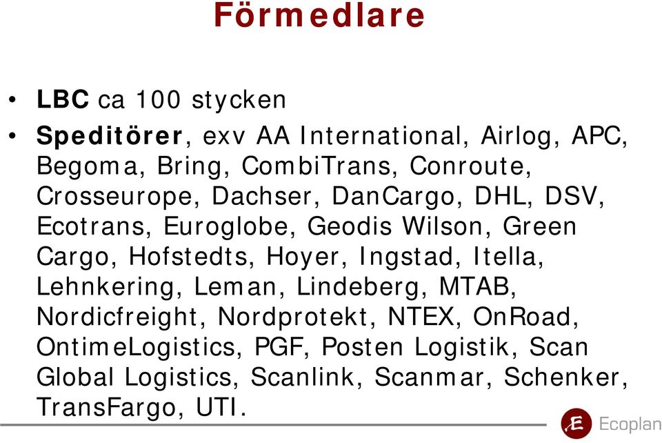 Hofstedts, Hoyer, Ingstad, Itella, Lehnkering, Leman, Lindeberg, MTAB, Nordicfreight, Nordprotekt, NTEX,