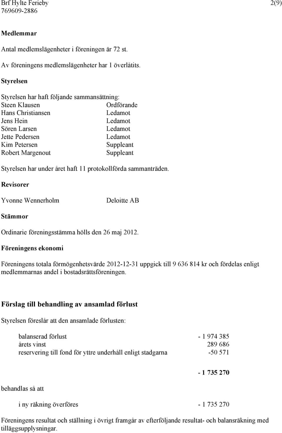 Margenout Suppleant Styrelsen har under året haft 11 protokollförda sammanträden. Revisorer Yvonne Wennerholm Deloitte AB Stämmor Ordinarie föreningsstämma hölls den 26 maj 2012.