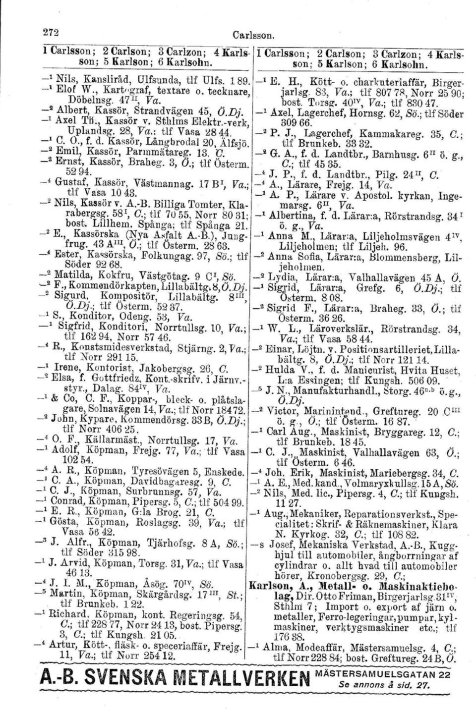 -g Albert, Kassör, Strandvägen 45, O.D}. -' Axel, Lagerchef, Hornsg. 6:d,Sö.; tlf Söder -, Axel 'I'h., Kassör v. Sthlms Elektr.-verk, 30966. Uplandsg. 28, Va.: tlf Vasa :d844. _2 P. J.