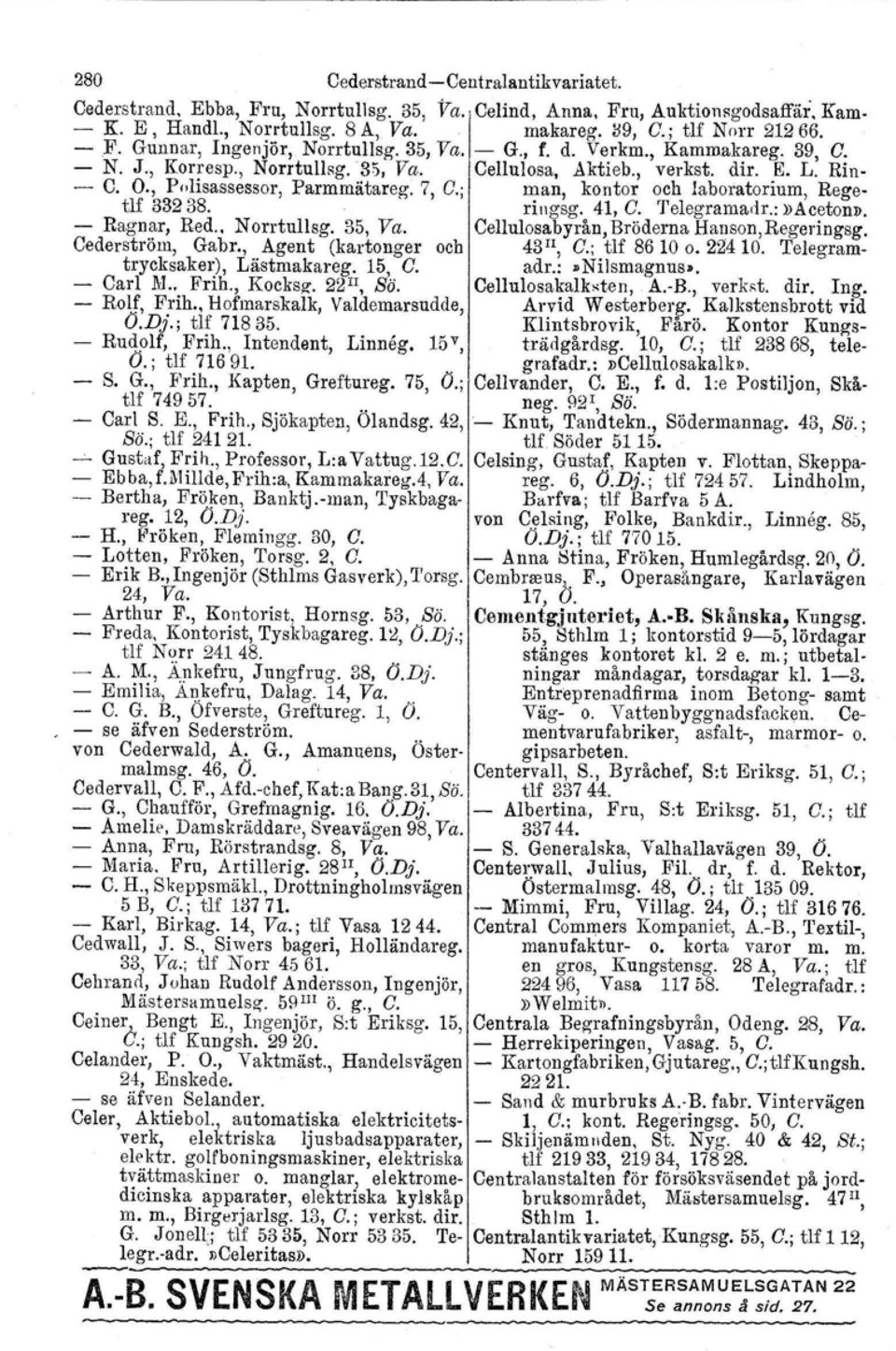 7, G.; man, kontor och laboratorium, Regetlf 33238. ringsg. 41, G. 'I'elegramadr.:»Acetona. - Ragnar, Red.. N orrtullsg. 35, Va. Cellulosabyrån, Bröderna Hanson, Regeringsg. Cederström. Gabr.