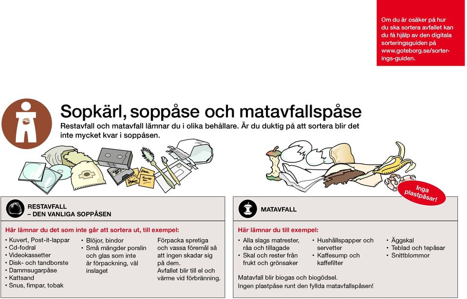 RESTAVFALL DEN VANLIGA SOPPÅSEN Här lämnar du det som inte går att sortera ut, till exempel: Kuvert, Post-it-lappar Cd-fodral Videokassetter Disk- och tandborste Dammsugarpåse Kattsand Snus, fimpar,