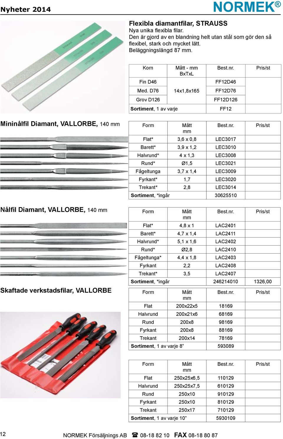 FF12D46 FF12D76 FF12D126 FF12 Pris/st Mininålfil Diamant, VALLORBE, 140 mm Form Mått mm Best.nr.