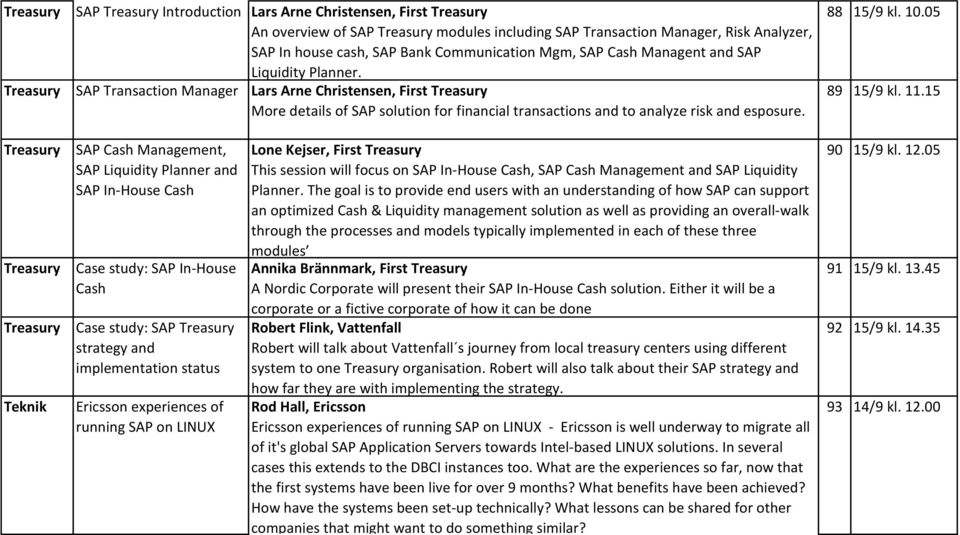 Treasury SAP Transaction Manager Lars Arne Christensen, First Treasury More details of SAP solution for financial transactions and to analyze risk and esposure. 88 15/9 kl. 10.05 89 15/9 kl. 11.