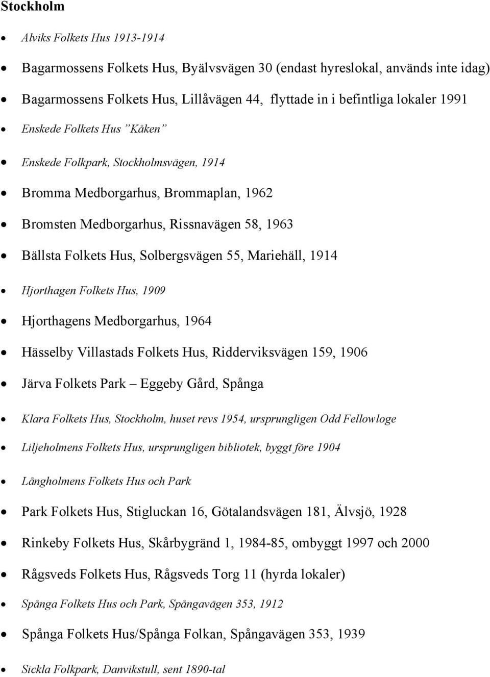 1914 Hjorthagen Folkets Hus, 1909 Hjorthagens Medborgarhus, 1964 Hässelby Villastads Folkets Hus, Ridderviksvägen 159, 1906 Järva Folkets Park Eggeby Gård, Spånga Klara Folkets Hus, Stockholm, huset