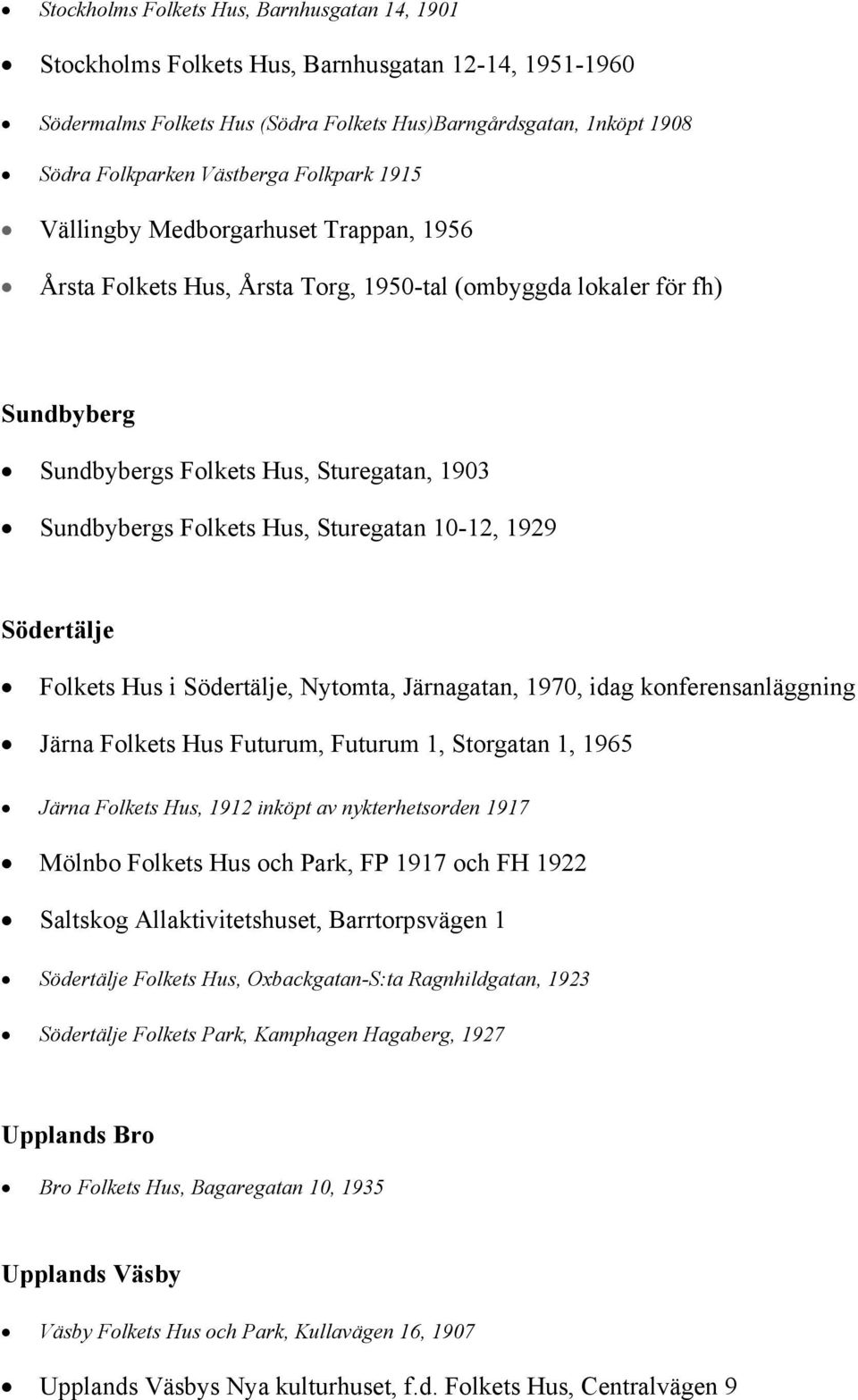 Sturegatan 10-12, 1929 Södertälje Folkets Hus i Södertälje, Nytomta, Järnagatan, 1970, idag konferensanläggning Järna Folkets Hus Futurum, Futurum 1, Storgatan 1, 1965 Järna Folkets Hus, 1912 inköpt