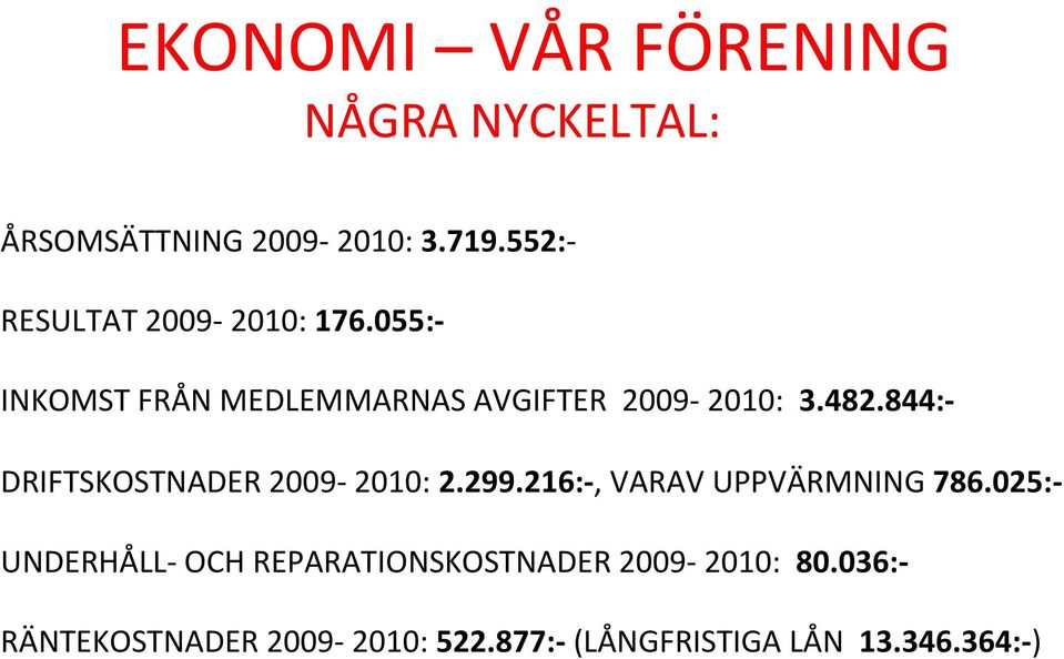 844:- DRIFTSKOSTNADER 2009-2010: 2.299.216:-, VARAV UPPVÄRMNING 786.