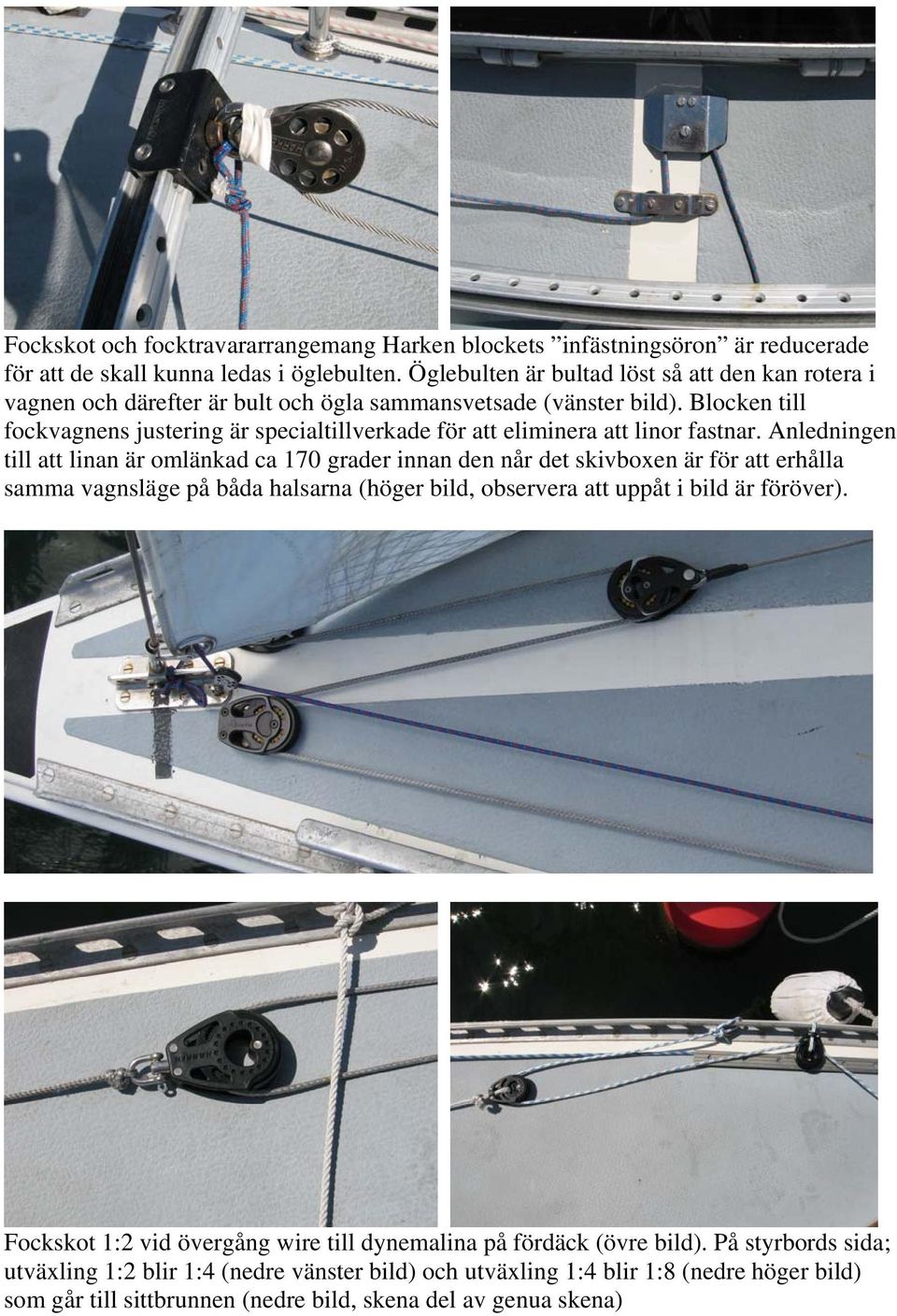 Blocken till fockvagnens justering är specialtillverkade för att eliminera att linor fastnar.