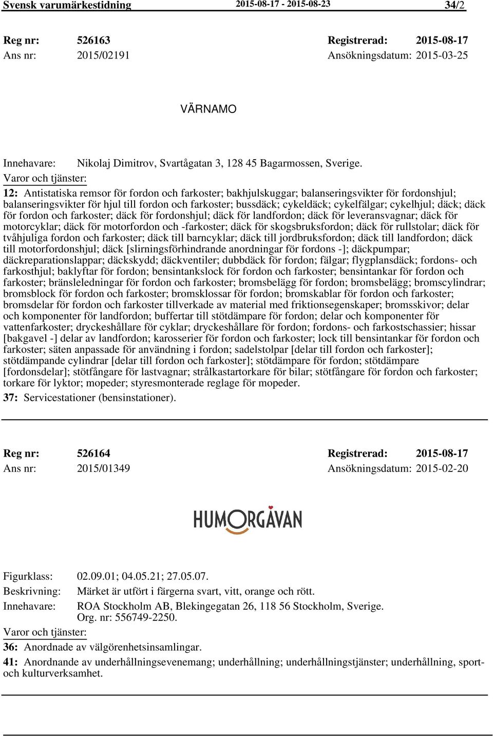 12: Antistatiska remsor för fordon och farkoster; bakhjulskuggar; balanseringsvikter för fordonshjul; balanseringsvikter för hjul till fordon och farkoster; bussdäck; cykeldäck; cykelfälgar;