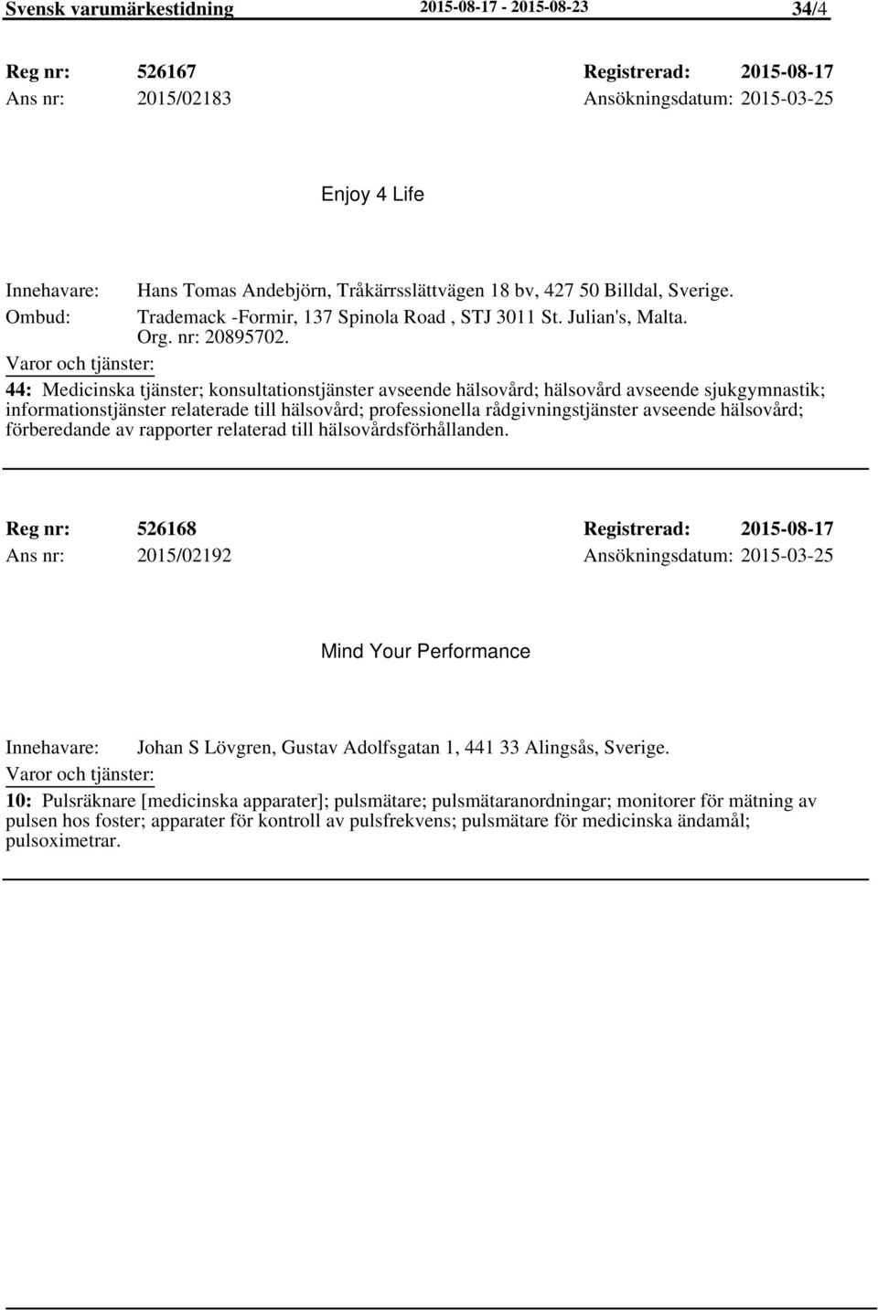 44: Medicinska tjänster; konsultationstjänster avseende hälsovård; hälsovård avseende sjukgymnastik; informationstjänster relaterade till hälsovård; professionella rådgivningstjänster avseende