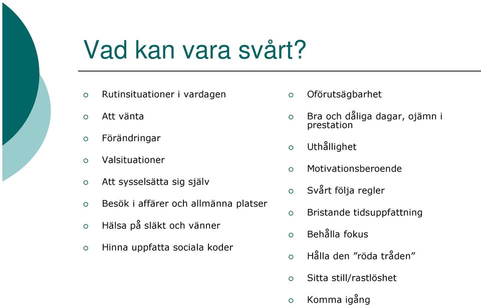 själv Besök i affärer och allmänna platser Hälsa på släkt och vänner Hinna uppfatta sociala koder Bra