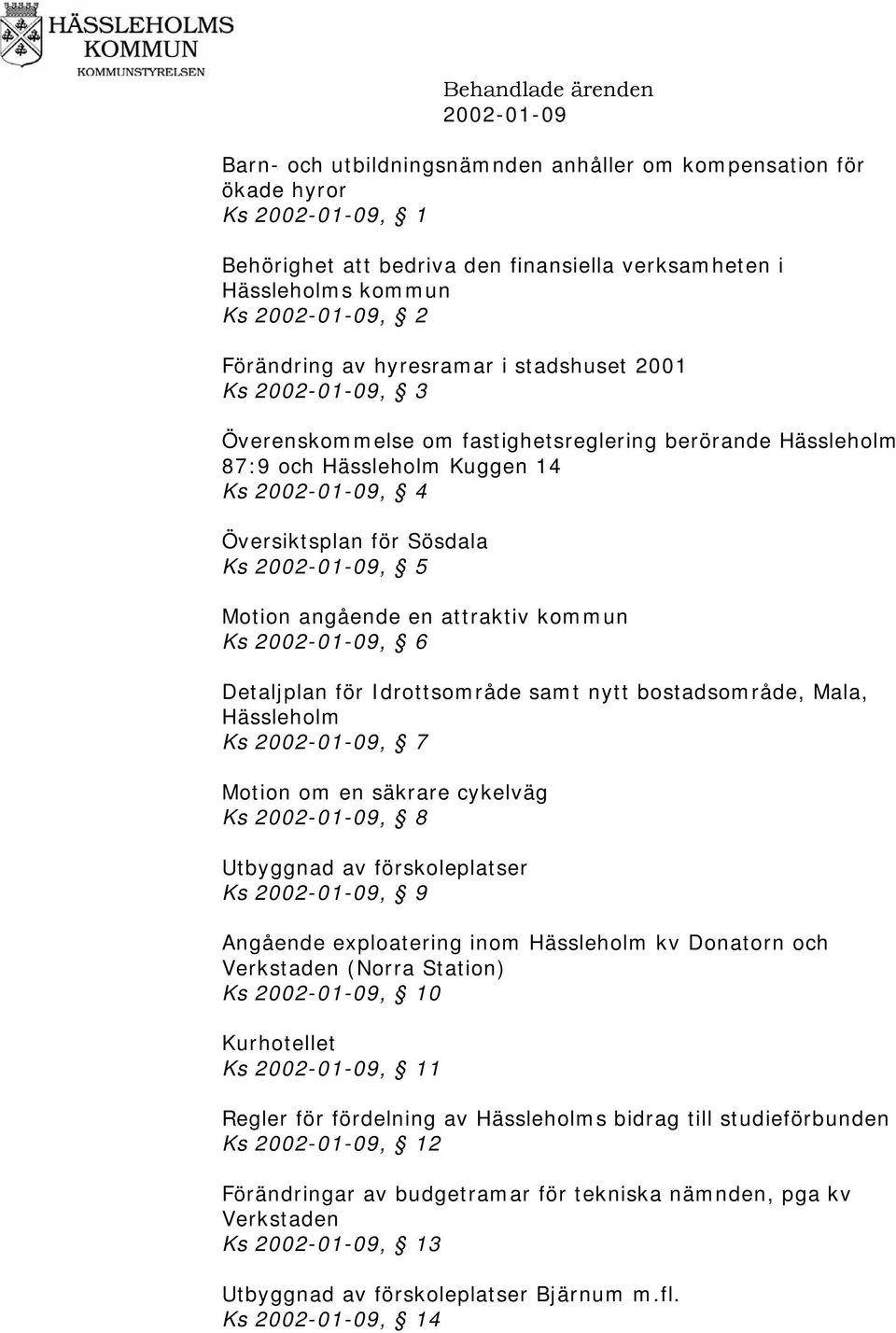 Motion angående en attraktiv kommun Ks 2002-01-09, 6 Detaljplan för Idrottsområde samt nytt bostadsområde, Mala, Hässleholm Ks 2002-01-09, 7 Motion om en säkrare cykelväg Ks 2002-01-09, 8 Utbyggnad