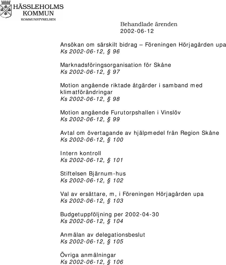 hjälpmedel från Region Skåne Ks 2002-06-12, 100 Intern kontroll Ks 2002-06-12, 101 Stiftelsen Bjärnum-hus Ks 2002-06-12, 102 Val av ersättare, m, i Föreningen