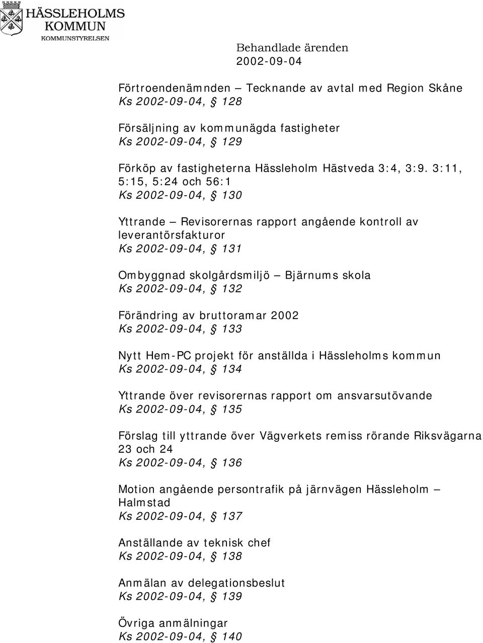 Förändring av bruttoramar 2002 Ks 2002-09-04, 133 Nytt Hem-PC projekt för anställda i Hässleholms kommun Ks 2002-09-04, 134 Yttrande över revisorernas rapport om ansvarsutövande Ks 2002-09-04, 135