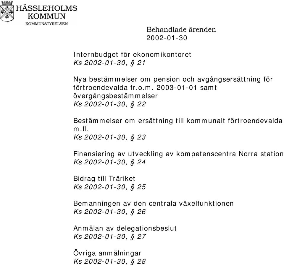 Ks 2002-01-30, 23 Finansiering av utveckling av kompetenscentra Norra station Ks 2002-01-30, 24 Bidrag till Träriket Ks 2002-01-30, 25
