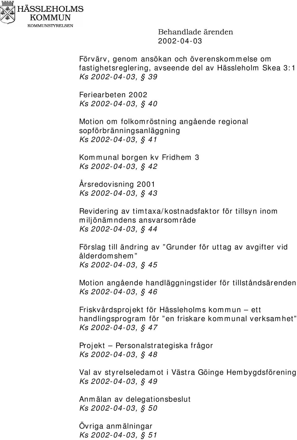 inom miljönämndens ansvarsområde Ks 2002-04-03, 44 Förslag till ändring av Grunder för uttag av avgifter vid ålderdomshem Ks 2002-04-03, 45 Motion angående handläggningstider för tillståndsärenden Ks
