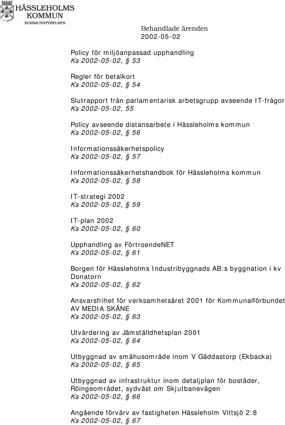 2002-05-02, 59 IT-plan 2002 Ks 2002-05-02, 60 Upphandling av FörtroendeNET Ks 2002-05-02, 61 Borgen för Hässleholms Industribyggnads AB:s byggnation i kv Donatorn Ks 2002-05-02, 62 Ansvarsfrihet för