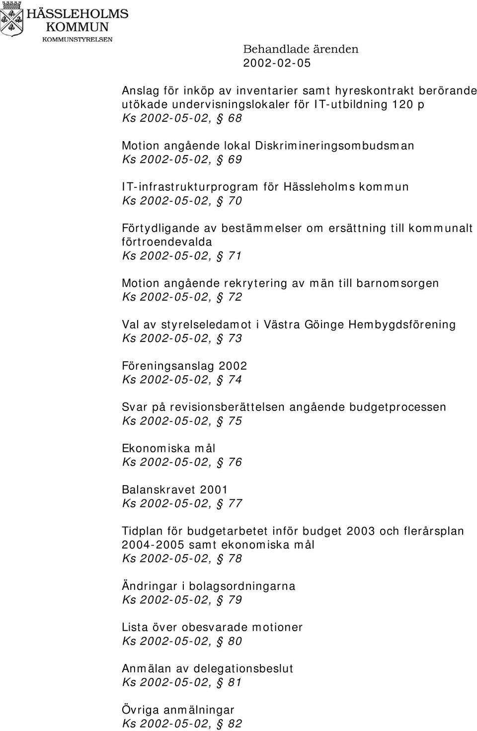 rekrytering av män till barnomsorgen Ks 2002-05-02, 72 Val av styrelseledamot i Västra Göinge Hembygdsförening Ks 2002-05-02, 73 Föreningsanslag 2002 Ks 2002-05-02, 74 Svar på revisionsberättelsen
