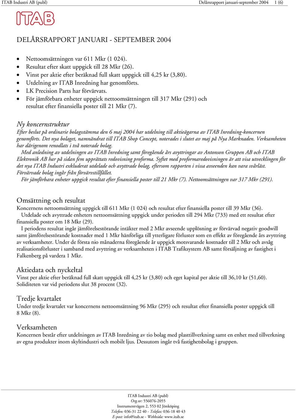 För jämförbara enheter uppgick nettoomsättningen till 317 Mkr (291) och resultat efter finansiella poster till 21 Mkr (7).