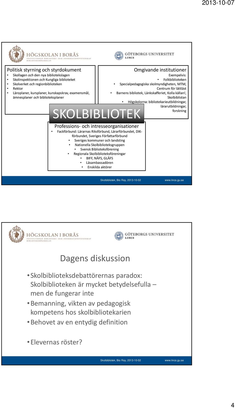 kommuner och landsting Nationella Skolbiblioteksgruppen Svensk Biblioteksförening Regionala Skolbiblioteksföreningar BIFF, NÄFS, GLÄFS Läsambassadören Enskilda aktörer Omgivande institutioner