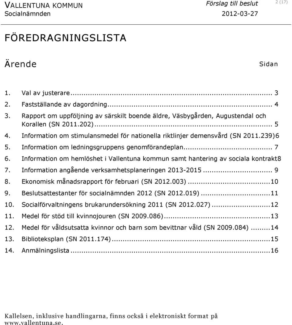 Information om hemlöshet i Vallentuna kommun samt hantering av sociala kontrakt8 7. Information angående verksamhetsplaneringen 2013-2015... 9 8. Ekonomisk månadsrapport för februari (SN 2012.003).