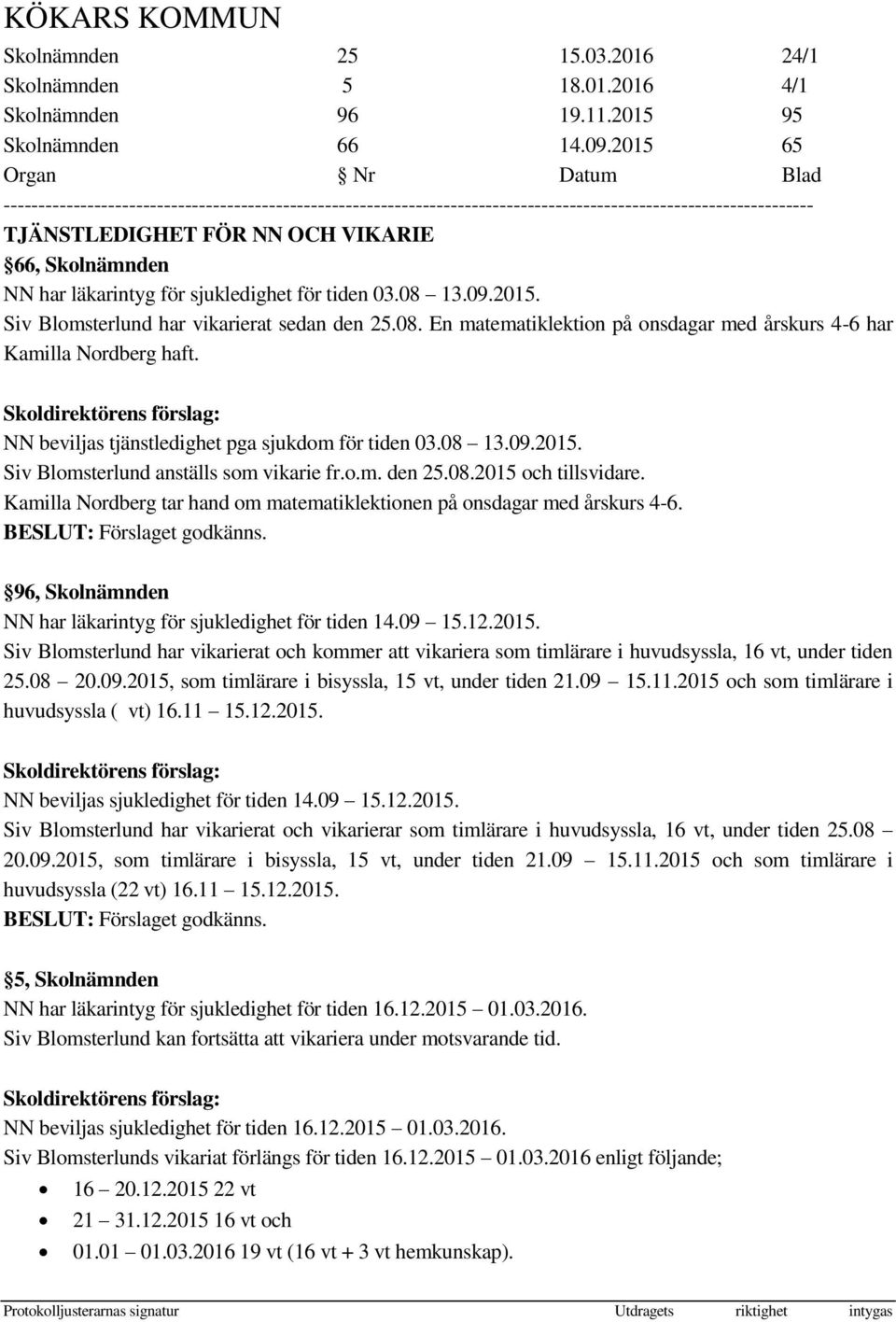 NN beviljas tjänstledighet pga sjukdom för tiden 03.08 13.09.2015. Siv Blomsterlund anställs som vikarie fr.o.m. den 25.08.2015 och tillsvidare.