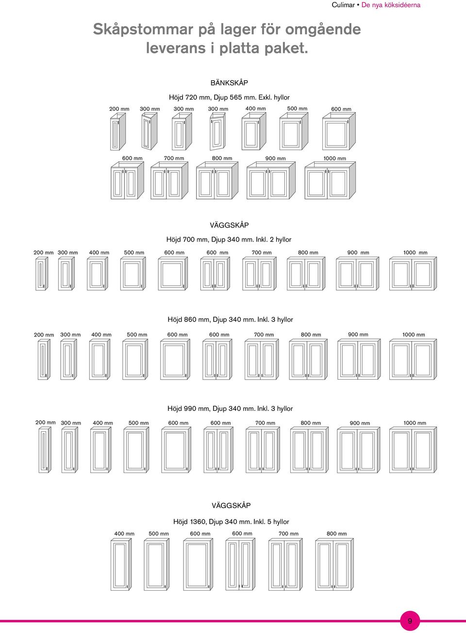 2 hyllor 200 mm 300 mm 400 mm 500 mm 600 mm 600 mm 700 mm 800 mm 900 mm 860 mm, Djup 340 mm. Inkl.