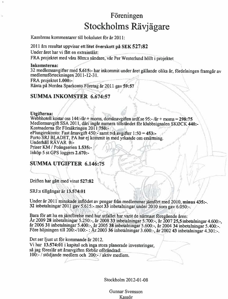 615:- har inkommit under året gällande olika år, fördelningen framgår av medlemsförteckningen 2011-12-31. FRA projektet 1.000:- Ränta på Nordea Sparkonto Företag år 2011 gav 59:57 SUMMA INKOMSTER 6.