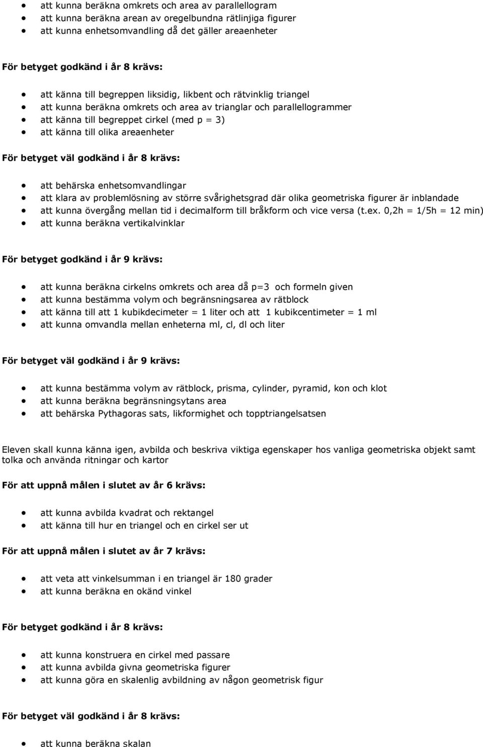 enhetsomvandlingar att klara av problemlösning av större svårighetsgrad där olika geometriska figurer är inblandade att kunna övergång mellan tid i decimalform till bråkform och vice versa (t.ex.