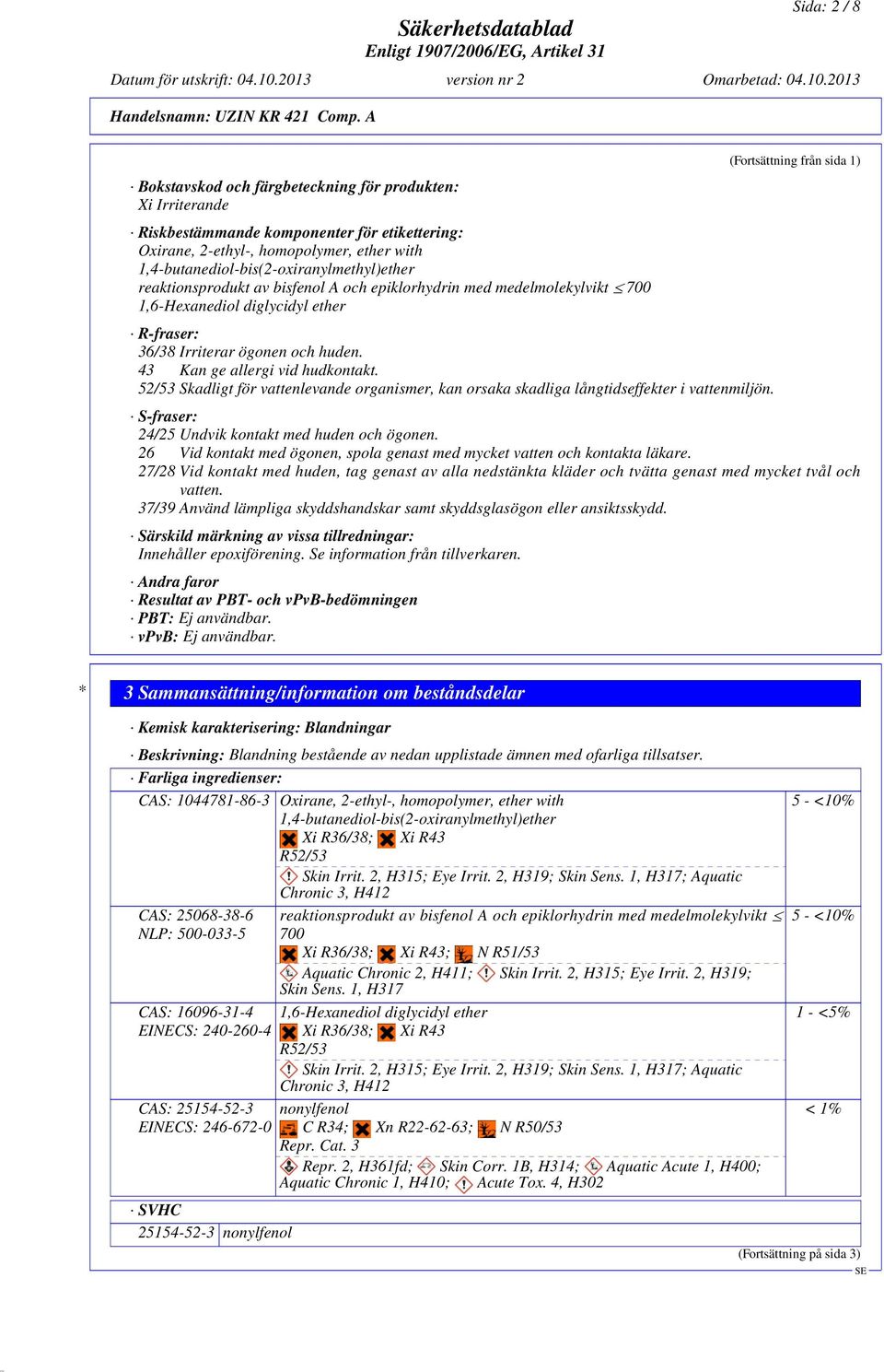 reaktionsprodukt av bisfenol A och epiklorhydrin med medelmolekylvikt 700 1,6-Hexanediol diglycidyl ether R-fraser: 36/38 Irriterar ögonen och huden. 43 Kan ge allergi vid hudkontakt.