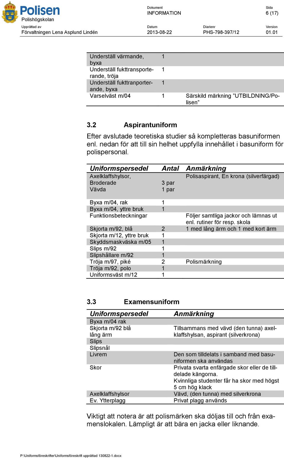 Uniformspersedel Antal Anmärkning Axelklaffshylsor, Broderade Vävda Byxa m/04, rak 1 Byxa m/04, yttre bruk 1 Funktionsbeteckningar 3 par 1 par Polisaspirant, En krona (silverfärgad) Följer samtliga