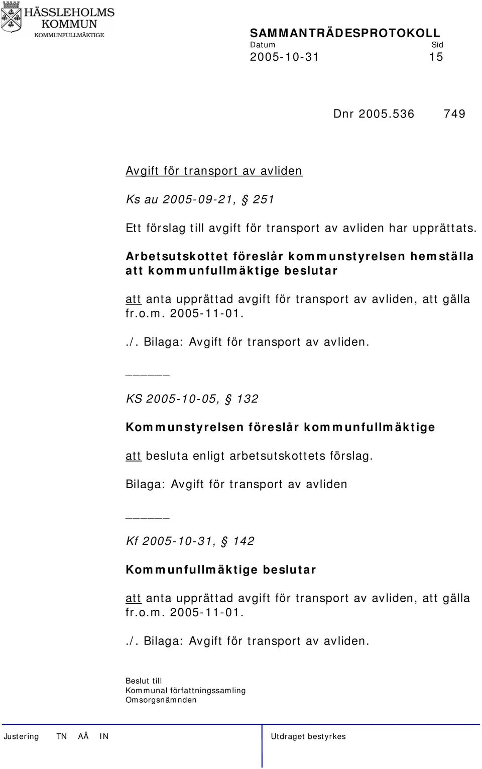Bilaga: Avgift för transport av avliden. KS 2005-10-05, 132 Kommunstyrelsen föreslår kommunfullmäktige att besluta enligt arbetsutskottets förslag.