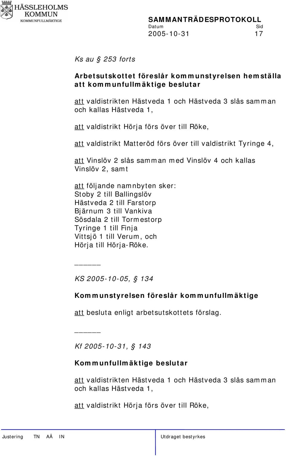 följande namnbyten sker: Stoby 2 till Ballingslöv Hästveda 2 till Farstorp Bjärnum 3 till Vankiva Sösdala 2 till Tormestorp Tyringe 1 till Finja Vittsjö 1 till Verum, och Hörja till Hörja-Röke.