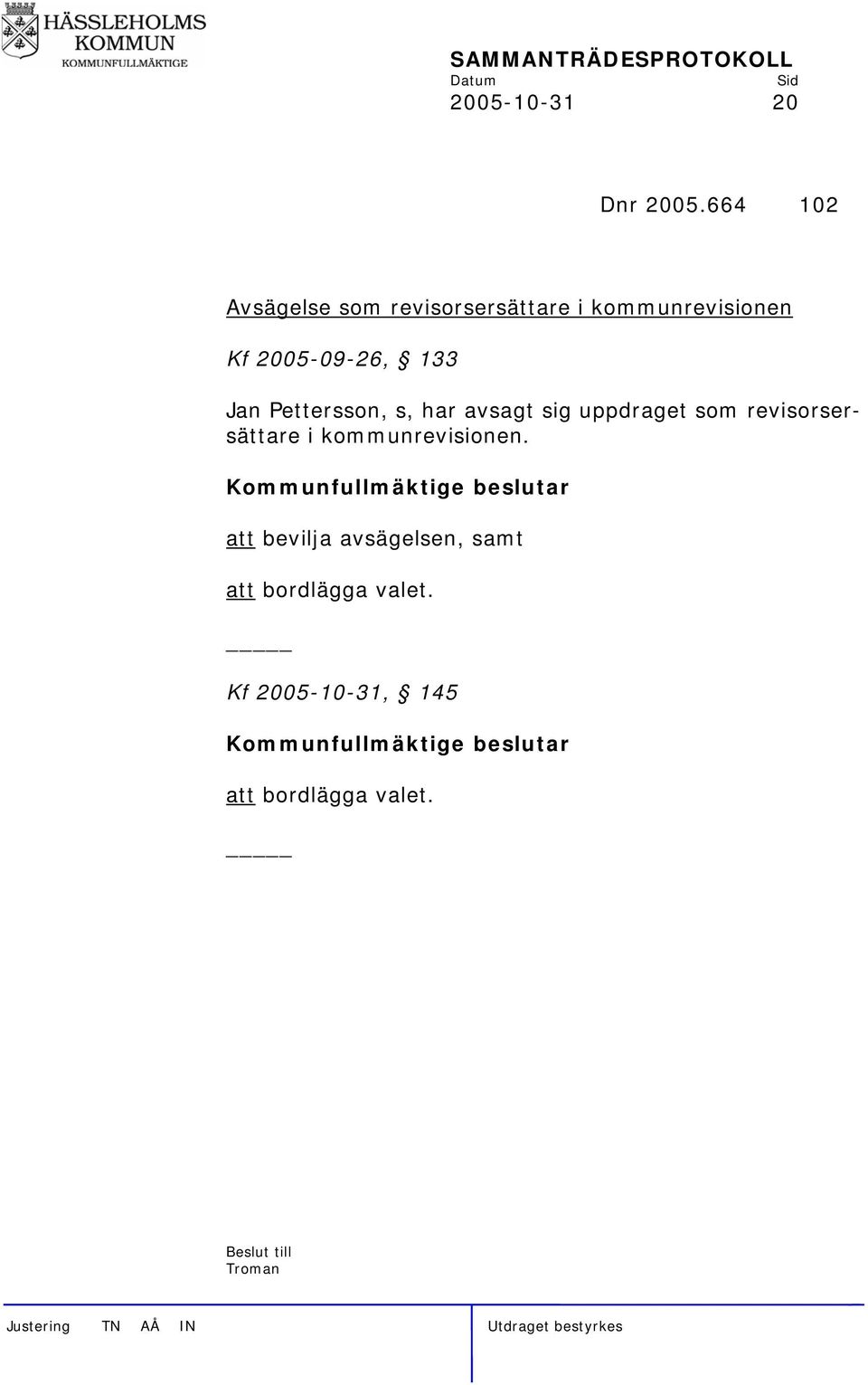avsagt sig uppdraget som revisorsersättare i kommunrevisionen.
