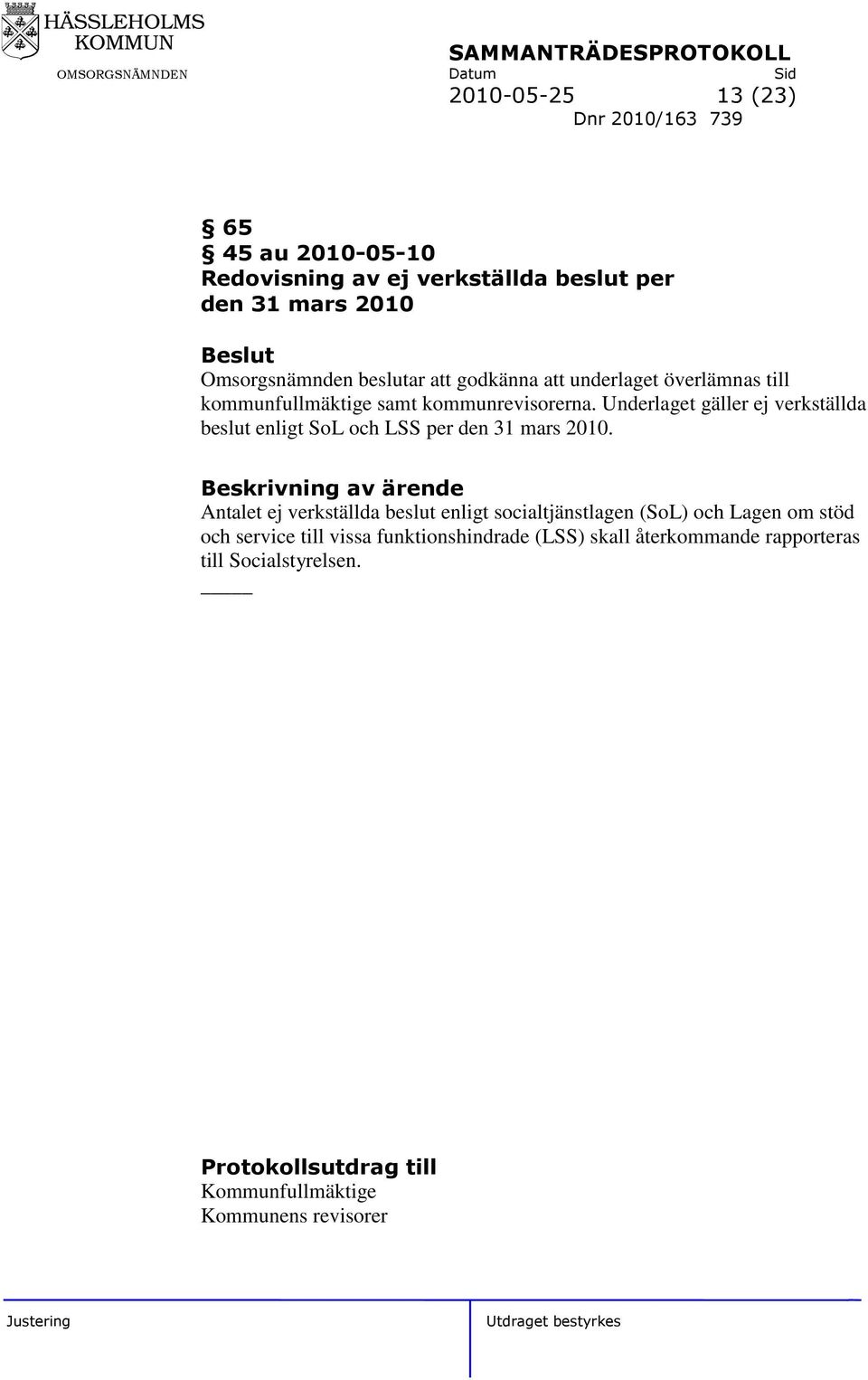 Underlaget gäller ej verkställda beslut enligt SoL och LSS per den 31 mars 2010.