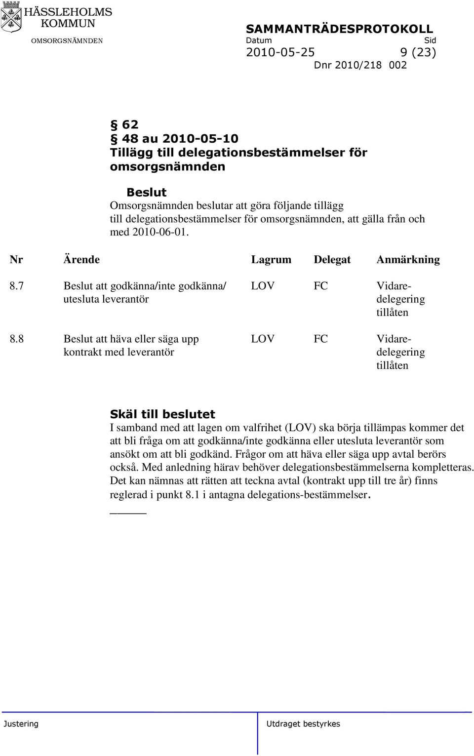 8 att häva eller säga upp LOV FC Vidarekontrakt med leverantör delegering tillåten Skäl till beslutet I samband med att lagen om valfrihet (LOV) ska börja tillämpas kommer det att bli fråga om att