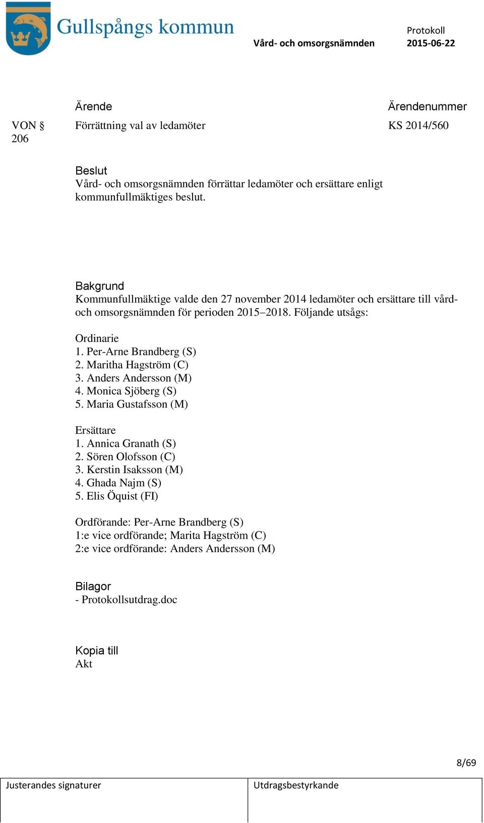 Per-Arne Brandberg (S) 2. Maritha Hagström (C) 3. Anders Andersson (M) 4. Monica Sjöberg (S) 5. Maria Gustafsson (M) Ersättare 1. Annica Granath (S) 2.