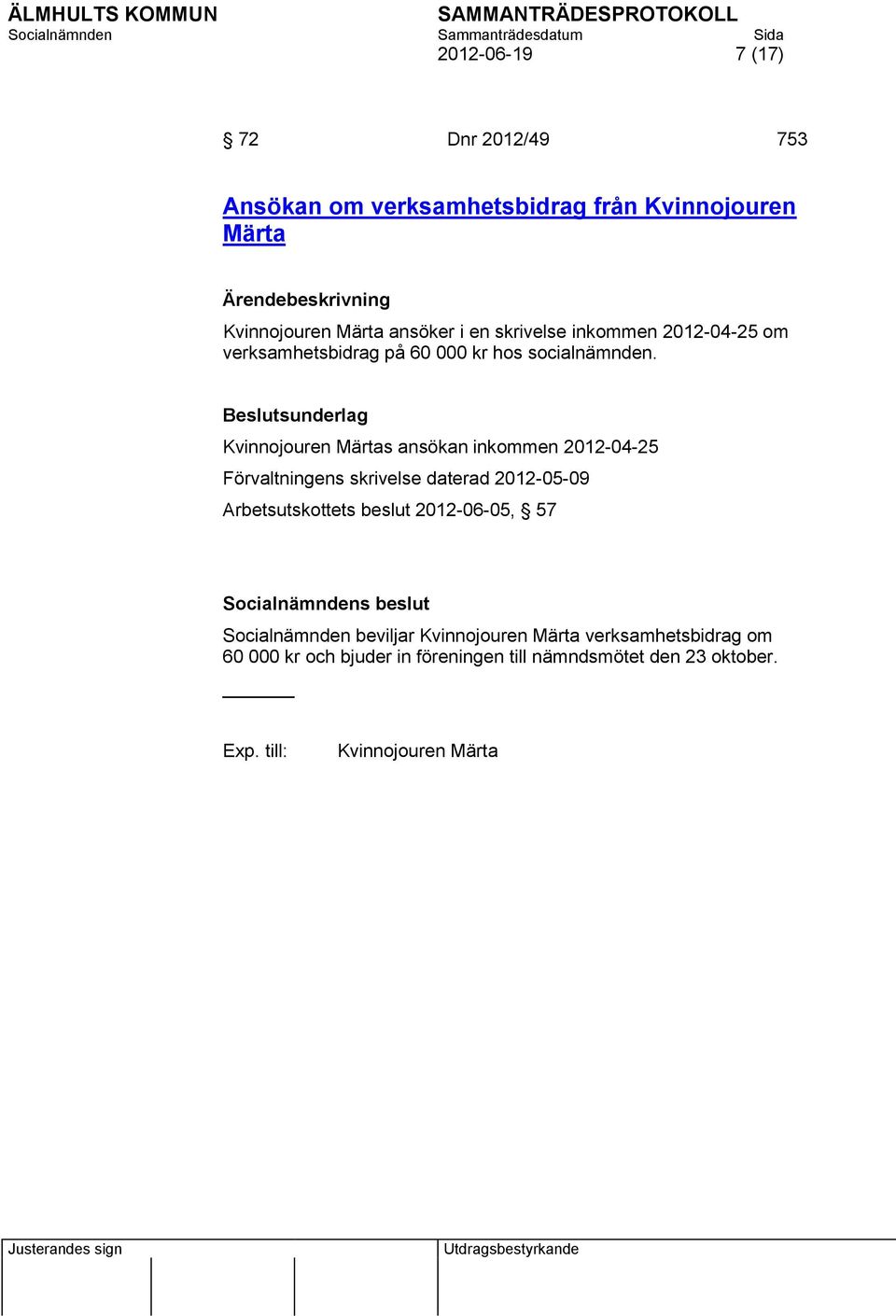 Beslutsunderlag Kvinnojouren Märtas ansökan inkommen 2012-04-25 Förvaltningens skrivelse daterad 2012-05-09 Arbetsutskottets beslut